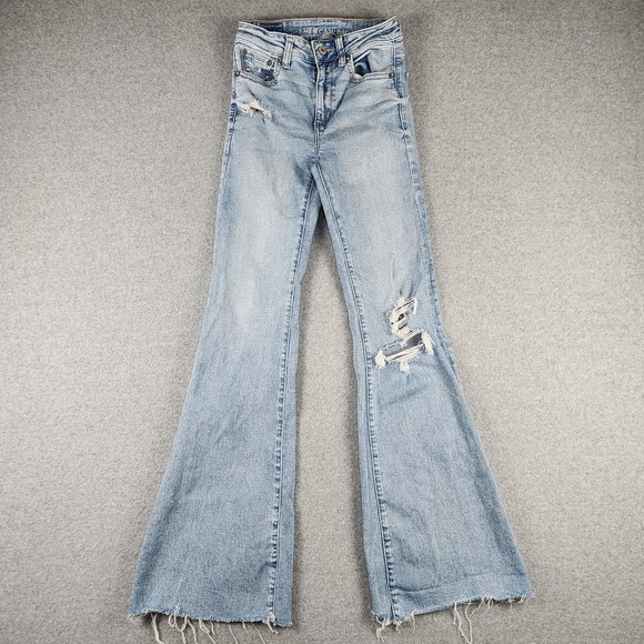 American Eagle Outfitters Denim - American Eagle Jeans Women's 00‎ Super High Rise Flare Blue Distressed Raw Hem